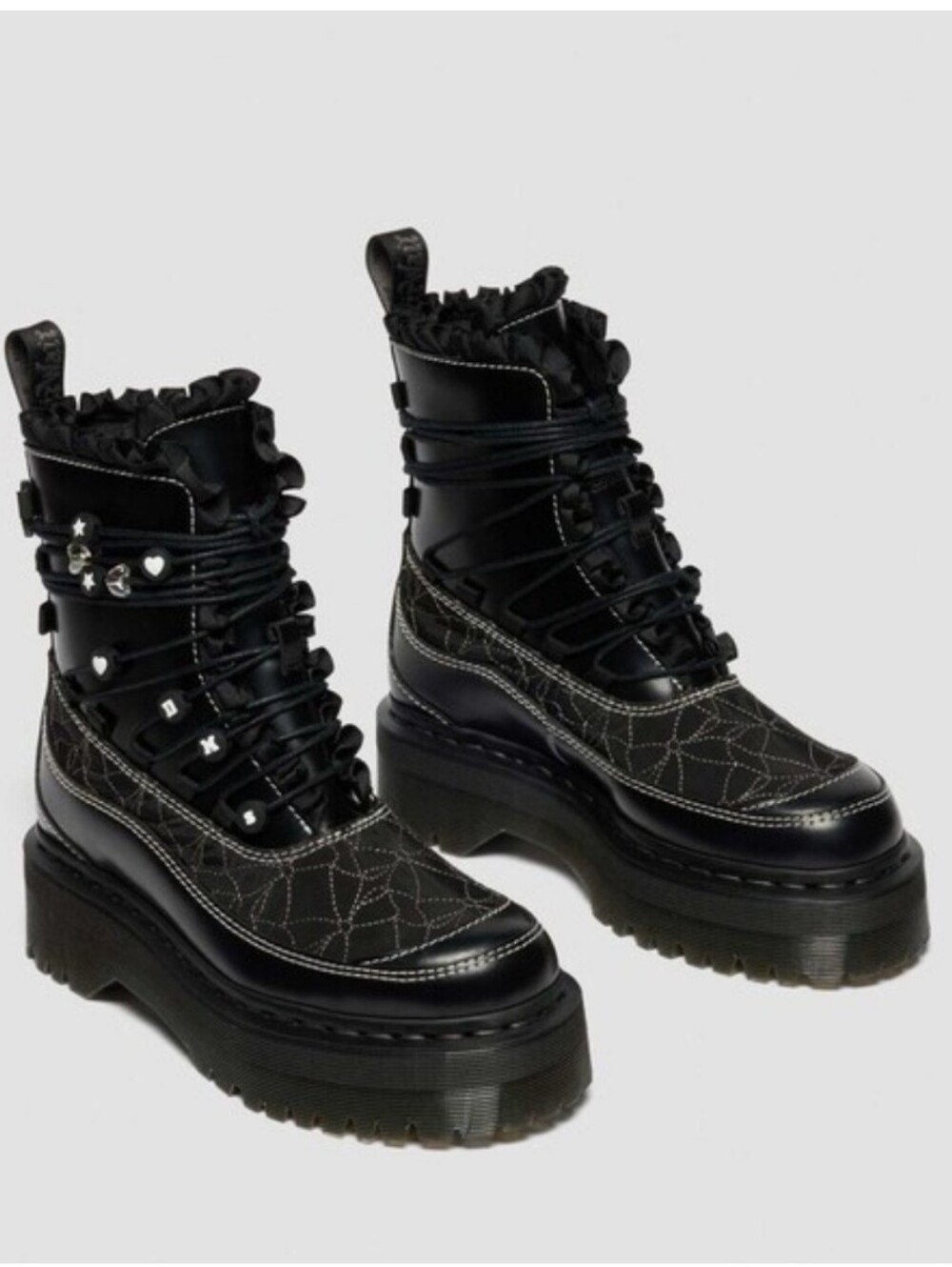 Dr Martens Jadon Frill Smooth Leather Lace Up Combat Platform Charm Boots, Black - Picture 2 of 16